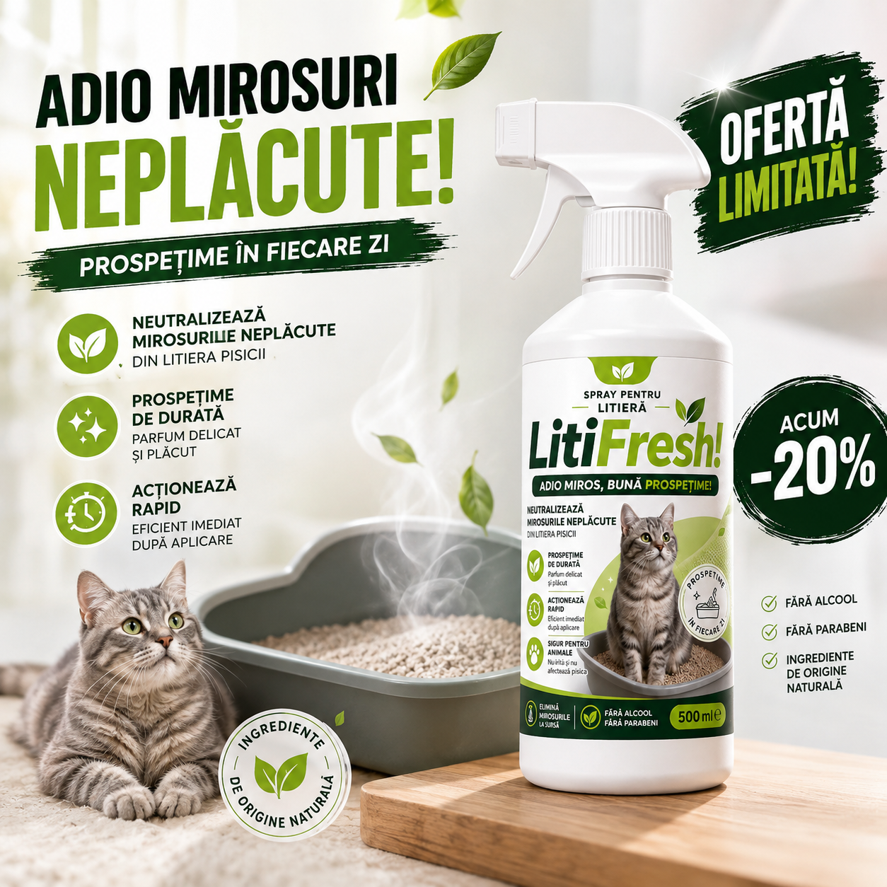 LitiFresh™ — Spray anti-miros pentru litiera pisicii